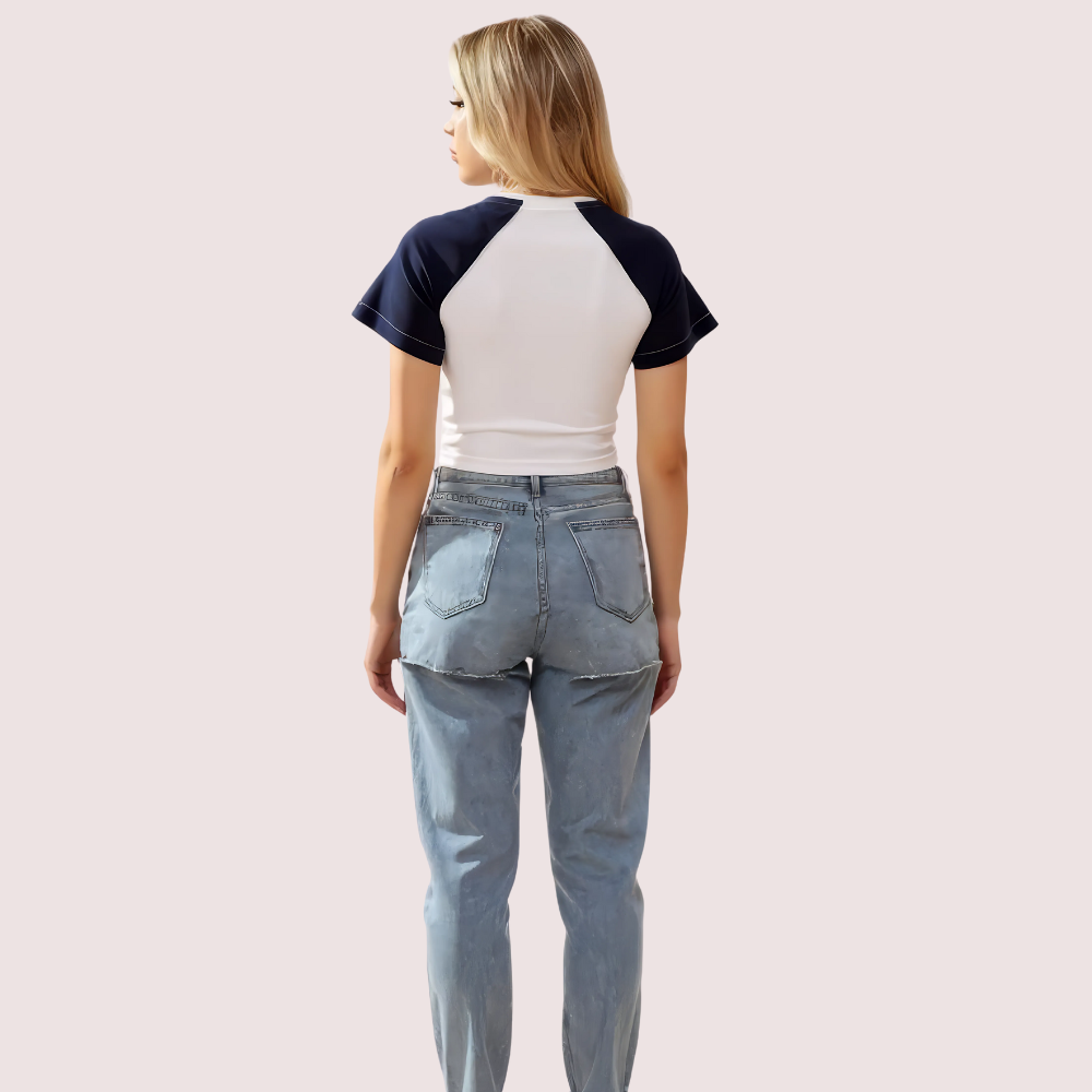 Women's Contrast Sleeve Graphic Crop Top Urban Street Style Tee