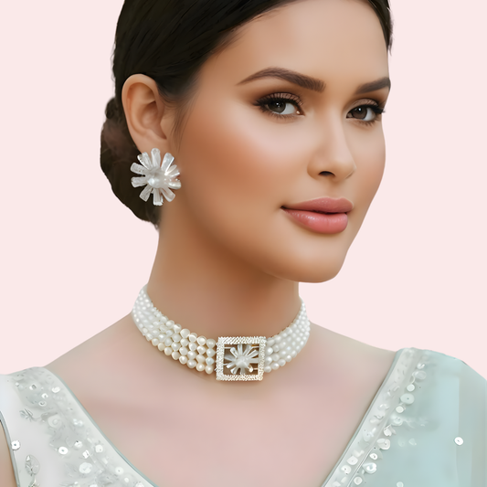 Ivory Pearl Choker Necklace & Floral Statement Earrings Set
