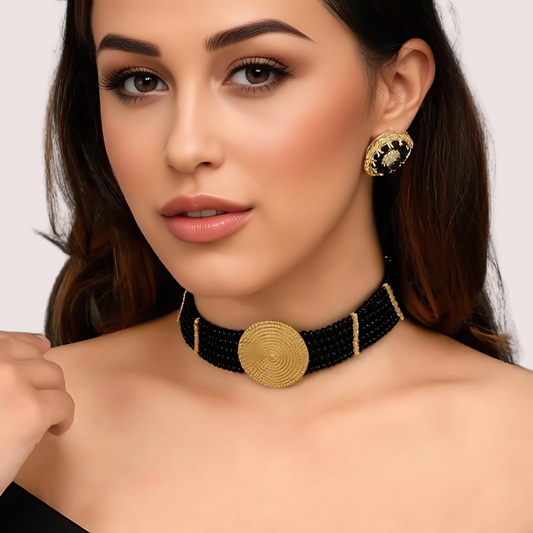 Timeless Grace Black Beaded Necklace with Gold Mandala Pendant