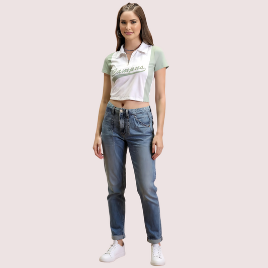 Women's Mint Green "Campus" Polo Crop Top Casual Sporty Tee