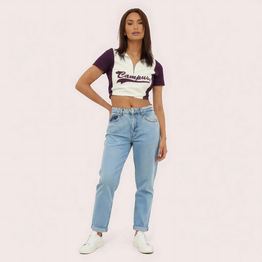 Women's Purple "Campus" Zip Polo Crop Top Collegiate-Inspired Style