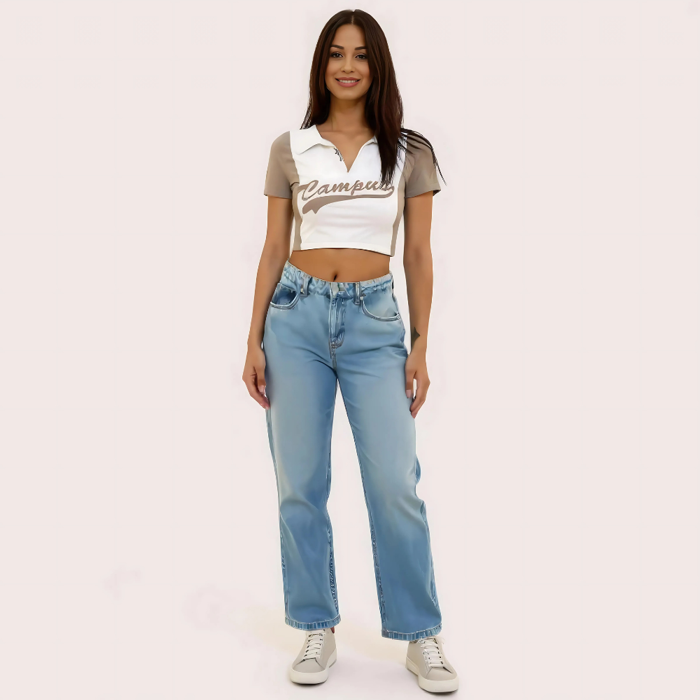 Women's "Campus" Polo Crop Top Casual Varsity Style Tee