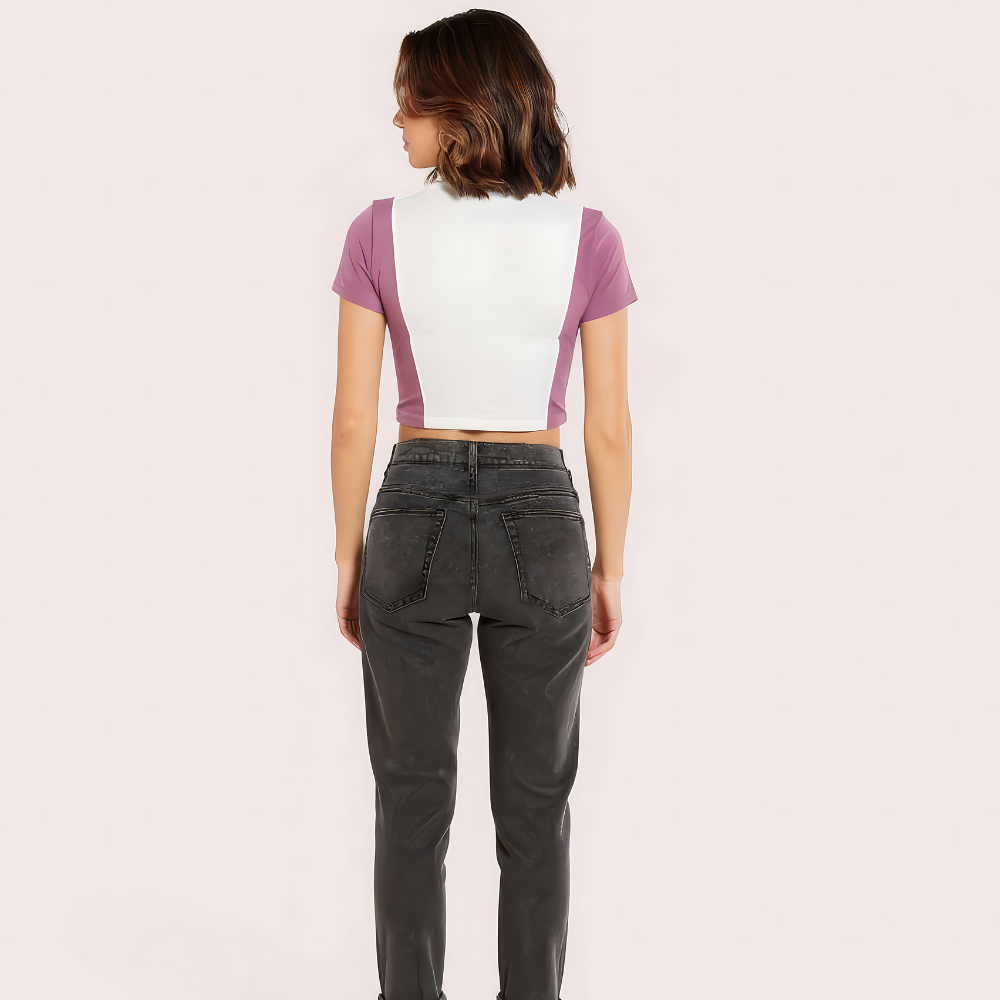 "Campus Vibes" Colorblock Zip Crop Top Lilac & White